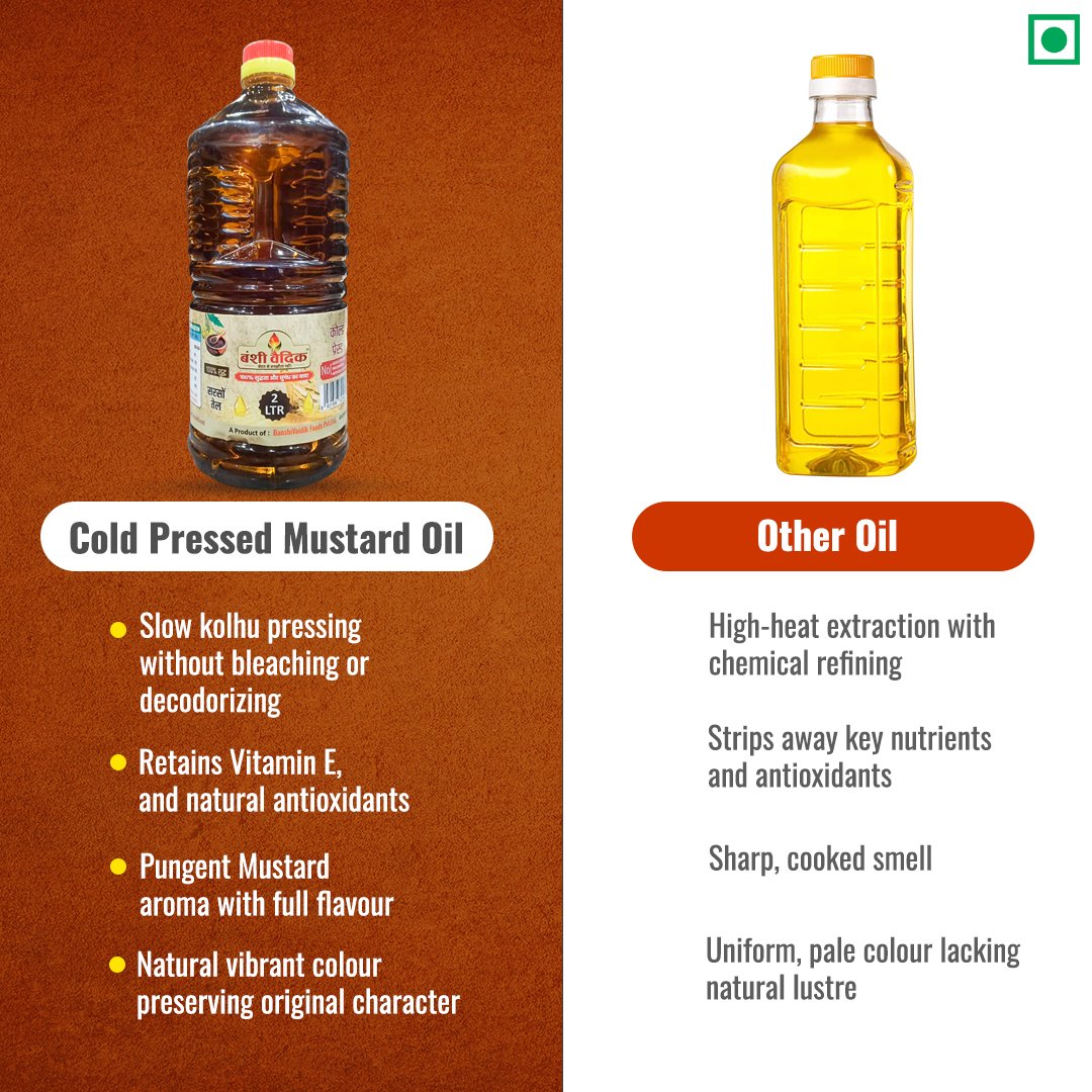 BanshiVaidik Cold Pressed Mustard Oil (2 L) | 100% Pure Kachi Ghani | Family Pack | FSSAI Certified