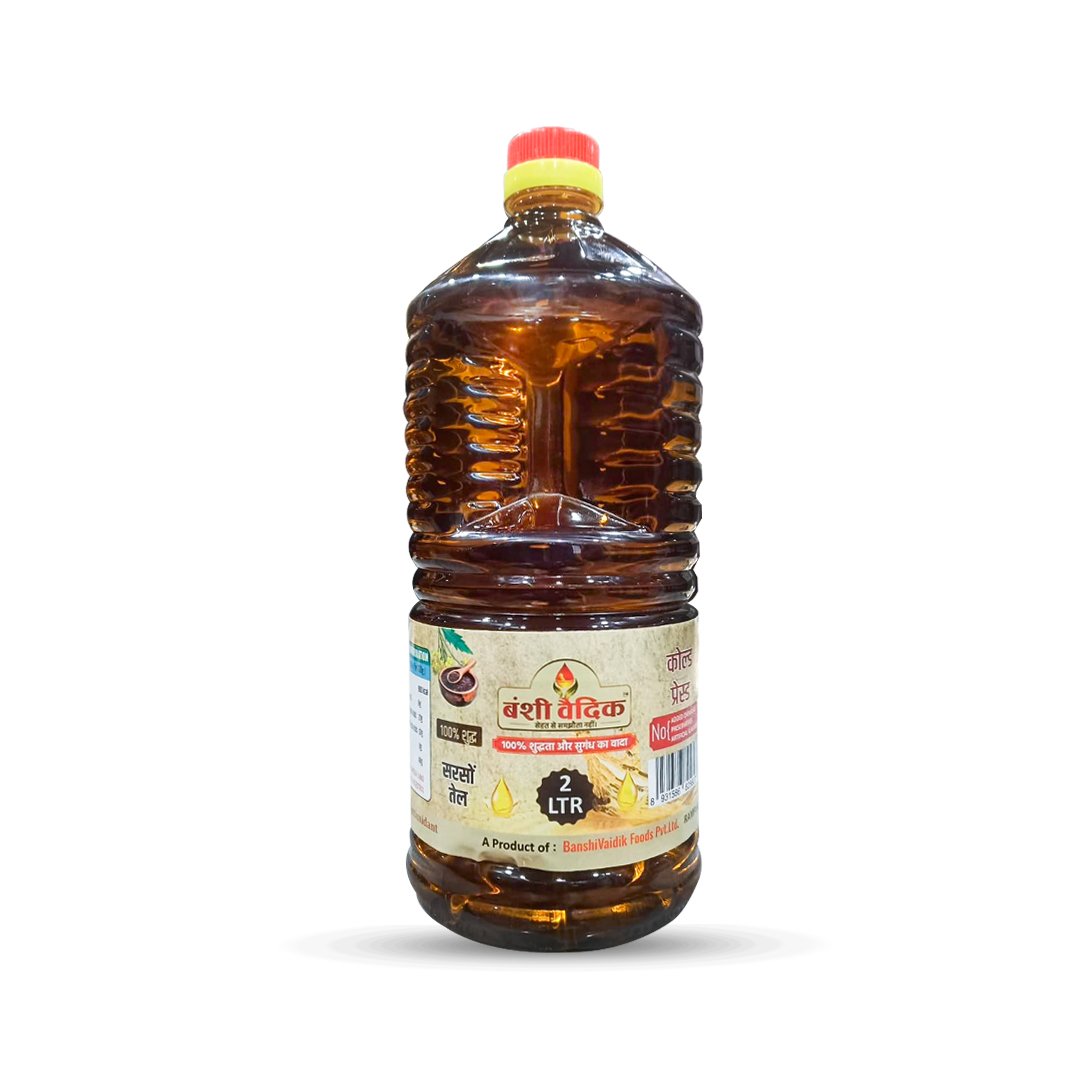 BanshiVaidik Cold Pressed Mustard Oil (2 L) | 100% Pure Kachi Ghani | Family Pack | FSSAI Certified